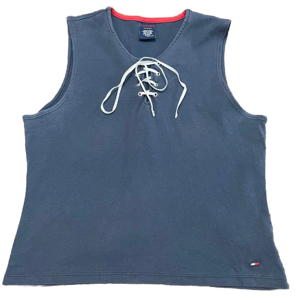 Vintage Tommy Jeans Hilfiger Womens XL Baby Tee Lace-Up Tank Top Shirt Blue Y2K